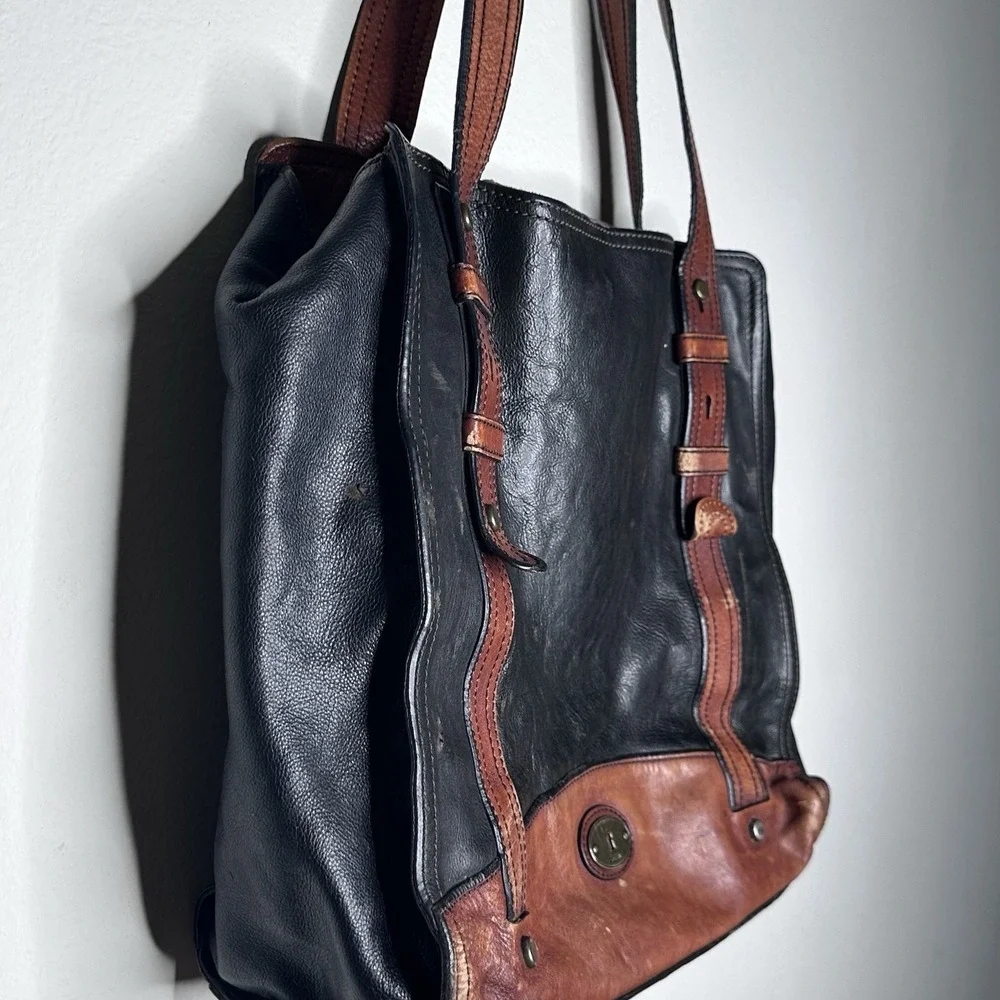 Fossil Long Live Vintage Leather Tote, Blk/Brown Leather‎